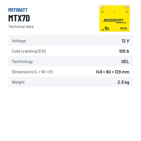 Batterie moto Motobatt MTX7D 12V 7Ah 105A GEL – fiche technique