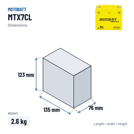 Batería de moto Motobatt MTX7CL 12V 7Ah 100A GEL – medidas 135 × 76 × 123 mm
