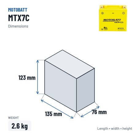 Batería de moto Motobatt MTX7C 12V 7Ah 100A GEL – medidas 135 × 76 × 123 mm