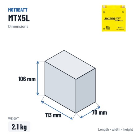 Batería de moto Motobatt MTX5L 12V 5Ah 70A GEL – medidas 113 × 70 × 106 mm