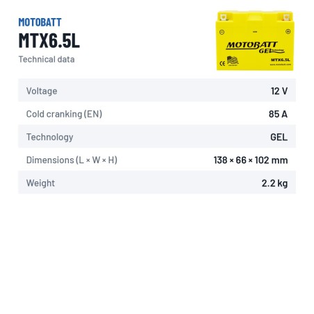 Batteria moto Motobatt MTX6.5L 12V 6.5Ah 85A GEL – scheda tecnica