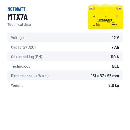 Batteria moto Motobatt MTX7A (YTX7ABS) 12V 7Ah 110A GEL