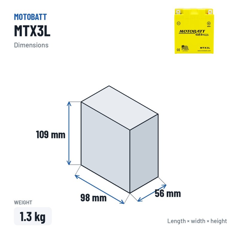 Motorcycle battery Motobatt MTX3L 12V 3Ah 35A GEL – dimensions 98 × 56 × 109 mm