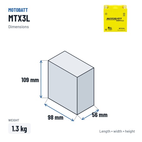 Motorcycle battery Motobatt MTX3L 12V 3Ah 35A GEL – dimensions 98 × 56 × 109 mm
