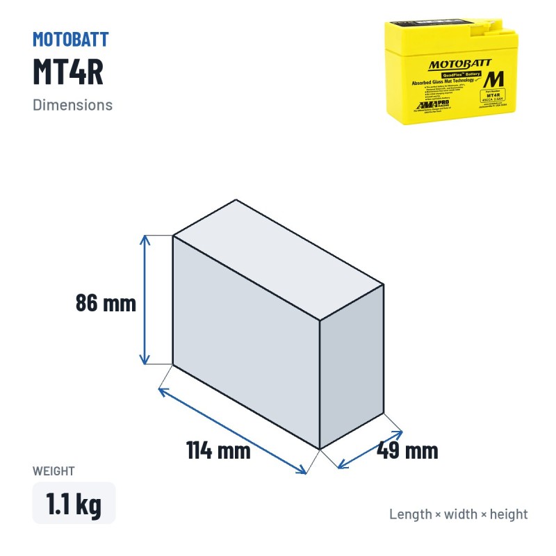 Batteria moto Motobatt MT4R 12V 2.5Ah 45A AGM – dimensioni 114 × 49 × 86 mm