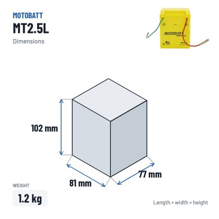 Batterie moto Motobatt MT2.5L 12V 2.5Ah 30A GEL – dimensions 81 × 77 × 102 mm