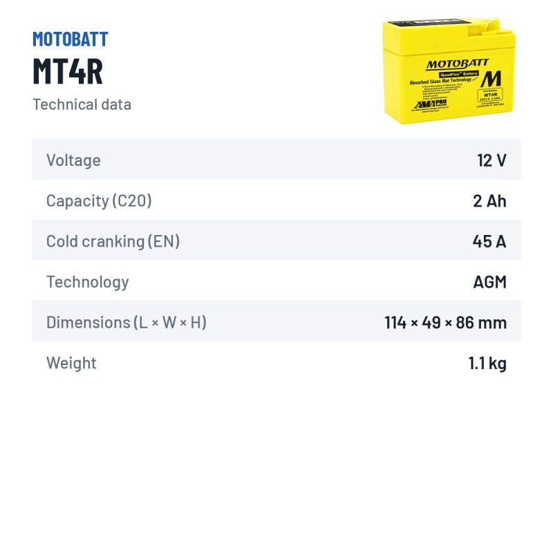 Bateria de mota Motobatt MT4R (YTR4ABS) 12V 2.5Ah 45A AGM