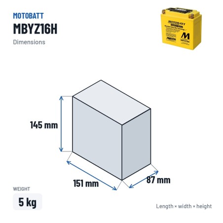 Batteria moto Motobatt MBYZ16H 12V 16.5Ah 240A AGM – dimensioni 151 × 87 × 145 mm