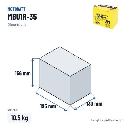 Batterie moto Motobatt MBU1R-35 12V 35Ah 420A AGM – dimensions 195 × 130 × 156 mm