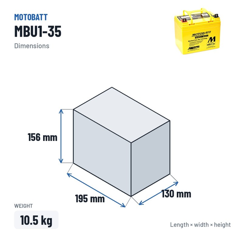 Batteria moto Motobatt MBU1-35 12V 35Ah 420A AGM – dimensioni 195 × 130 × 156 mm