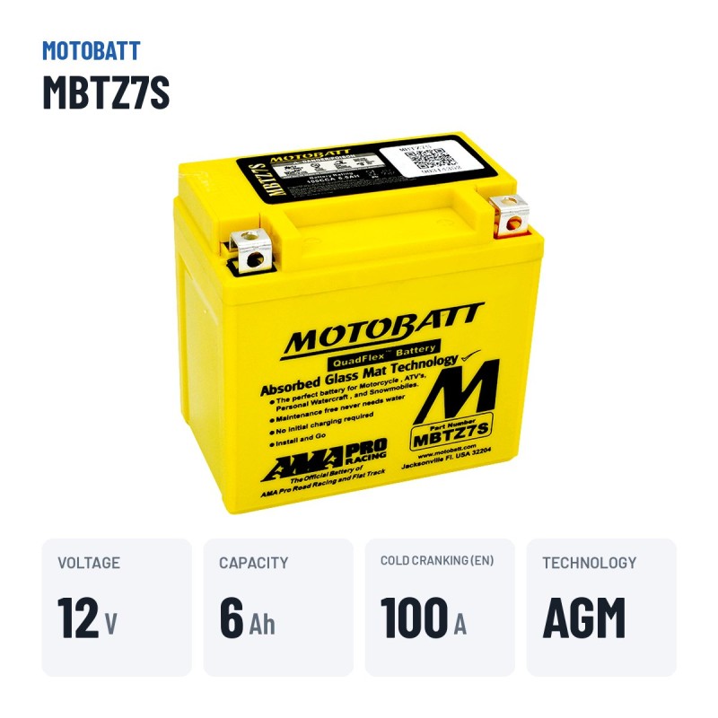 Batteria moto Motobatt MBTZ7S 12V 6.5Ah 100A AGM – dati principali