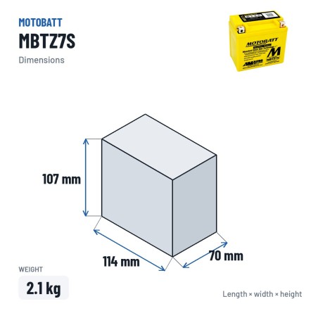 Batteria moto Motobatt MBTZ7S 12V 6.5Ah 100A AGM – dimensioni 114 × 70 × 107 mm