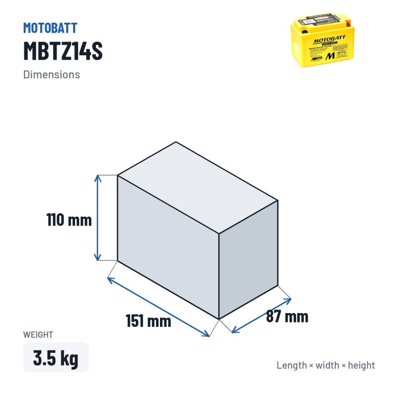 Bateria de mota Motobatt MBTZ14S 12V 11.2Ah 190A AGM – medidas 151 × 87 × 110 mm