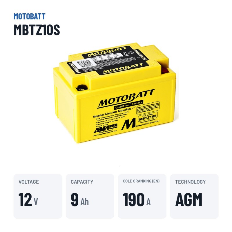 Batterie moto Motobatt MBTZ10S 12V 8.6Ah 190A AGM – caractéristiques clés