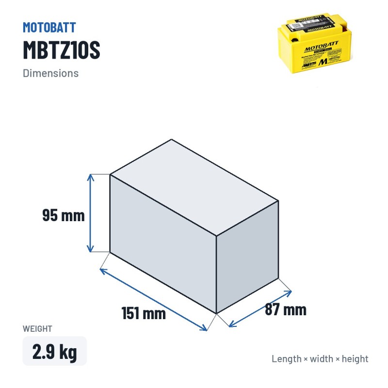 Batterie moto Motobatt MBTZ10S 12V 8.6Ah 190A AGM – dimensions 151 × 87 × 95 mm