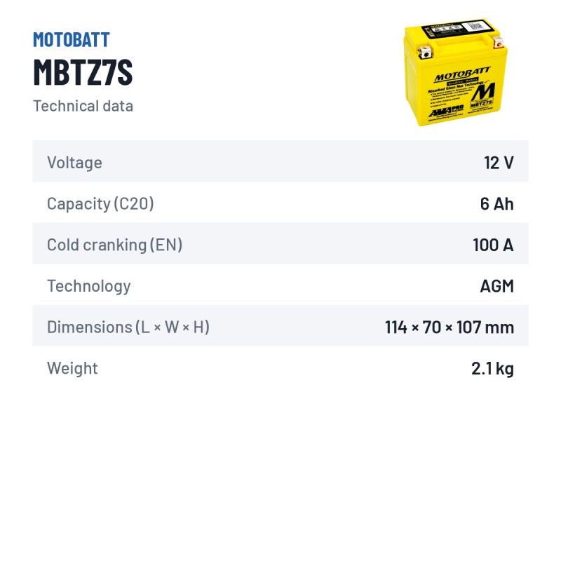 Batteria moto Motobatt MBTZ7S 12V 6.5Ah 100A AGM – scheda tecnica