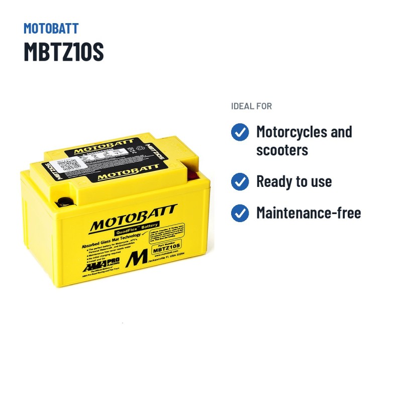 Batterie moto Motobatt MBTZ10S 12V 8.6Ah 190A AGM – utilisations recommandées