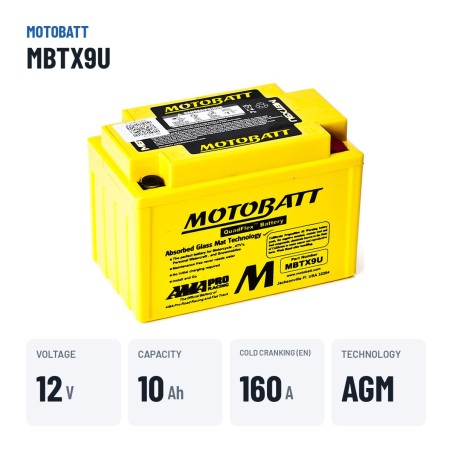 Batterie moto Motobatt MBTX9U 12V 10.5Ah 160A AGM – caractéristiques clés
