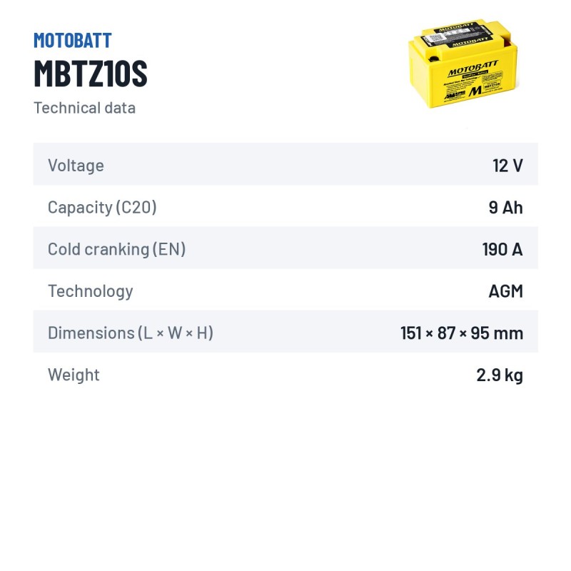 Batterie moto Motobatt MBTZ10S 12V 8.6Ah 190A AGM – fiche technique