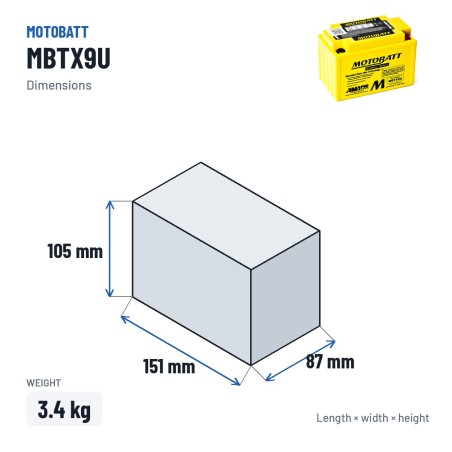 Batterie moto Motobatt MBTX9U 12V 10.5Ah 160A AGM – dimensions 151 × 87 × 105 mm