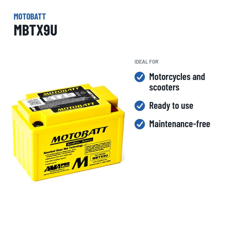 Batterie moto Motobatt MBTX9U 12V 10.5Ah 160A AGM – utilisations recommandées