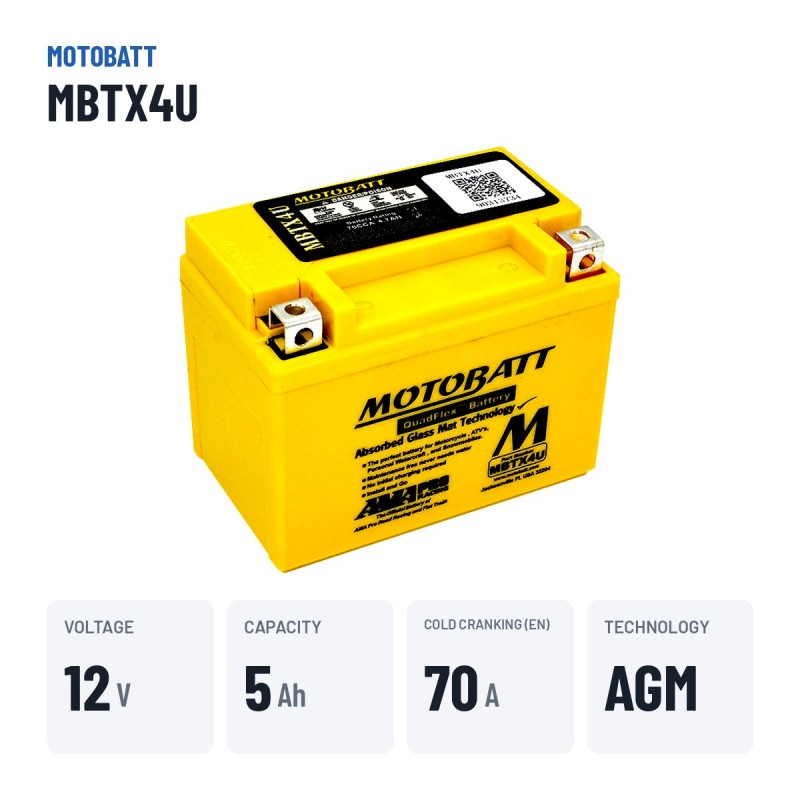 Bateria de mota Motobatt MBTX4U (YTX4LBS) 12V 4.7Ah 70A AGM