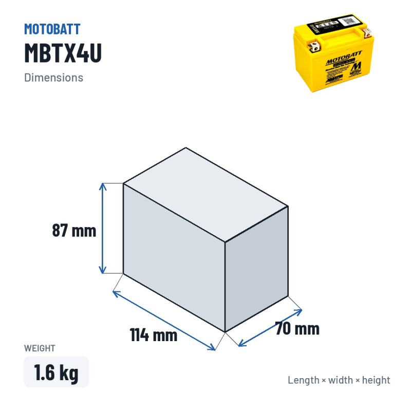 Bateria de mota Motobatt MBTX4U (YTX4LBS) 12V 4.7Ah 70A AGM