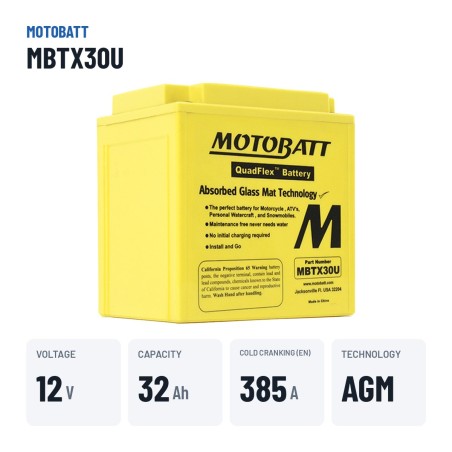 Batterie moto Motobatt MBTX30U 12V 32Ah 385A AGM – caractéristiques clés