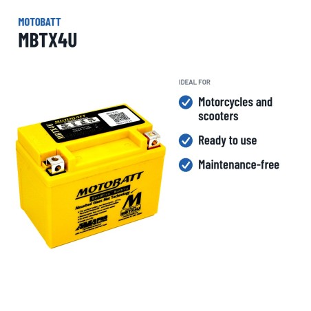Bateria de mota Motobatt MBTX4U (YTX4LBS) 12V 4.7Ah 70A AGM