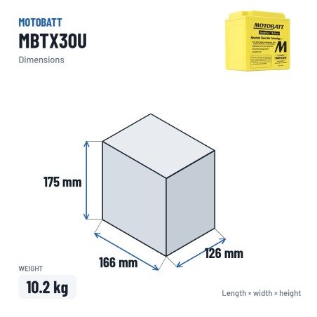 Batterie moto Motobatt MBTX30U 12V 32Ah 385A AGM – dimensions 166 × 126 × 175 mm