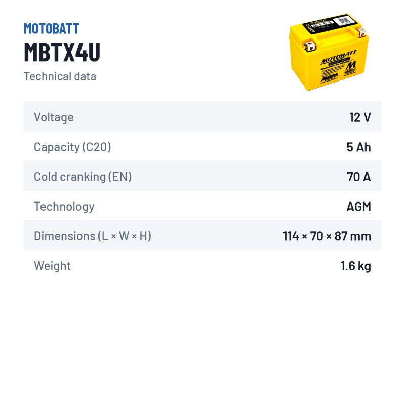 Bateria de mota Motobatt MBTX4U (YTX4LBS) 12V 4.7Ah 70A AGM