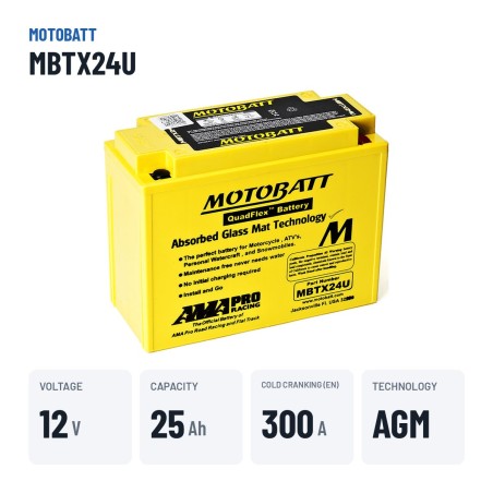 Batteria moto Motobatt MBTX24U 12V 25Ah 300A AGM – dati principali