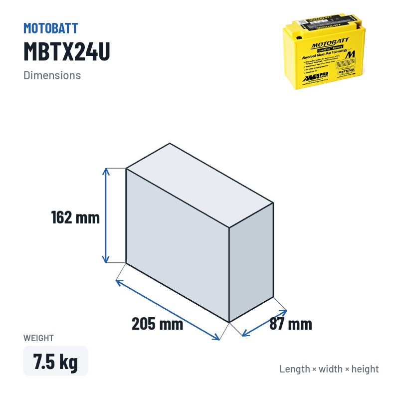 Batería de moto Motobatt MBTX24U 12V 25Ah 300A AGM – medidas 205 × 87 × 162 mm