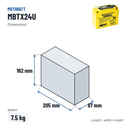 Batterie moto Motobatt MBTX24U 12V 25Ah 300A AGM – dimensions 205 × 87 × 162 mm