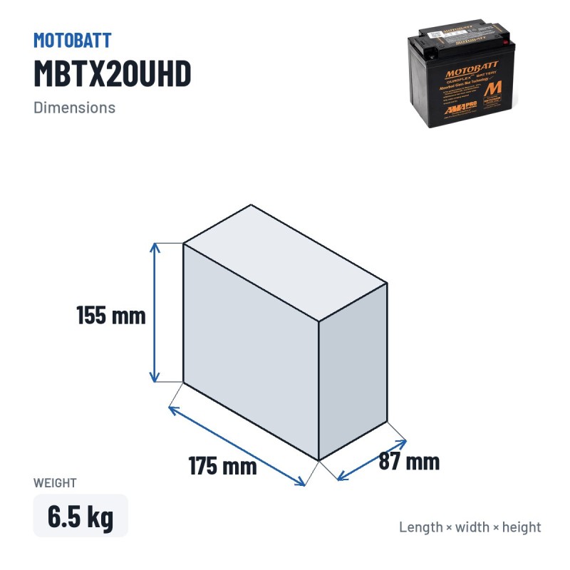 Motorradbatterie Motobatt MBTX20UHD 12V 21Ah 310A AGM – Abmessungen 175 × 87 × 155 mm