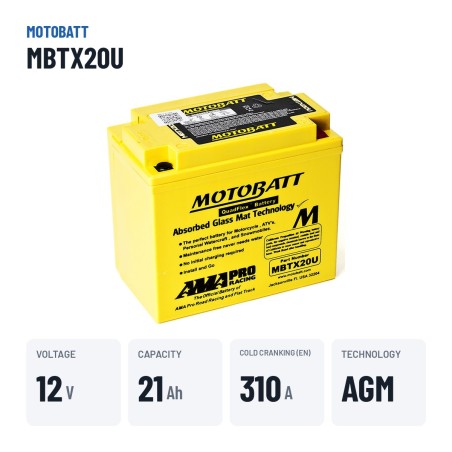 Batteria moto Motobatt MBTX20U 12V 21Ah 310A AGM – dati principali