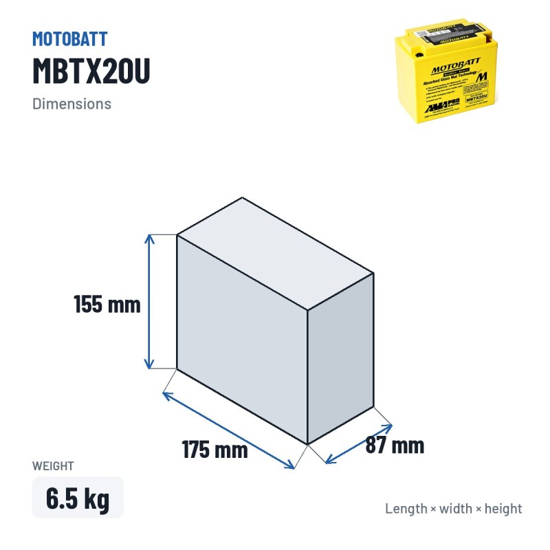 Batteria moto Motobatt MBTX20U 12V 21Ah 310A AGM – dimensioni 175 × 87 × 155 mm