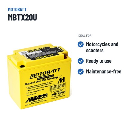 Bateria de mota Motobatt MBTX20U 12V 21Ah 310A AGM – utilizações recomendadas
