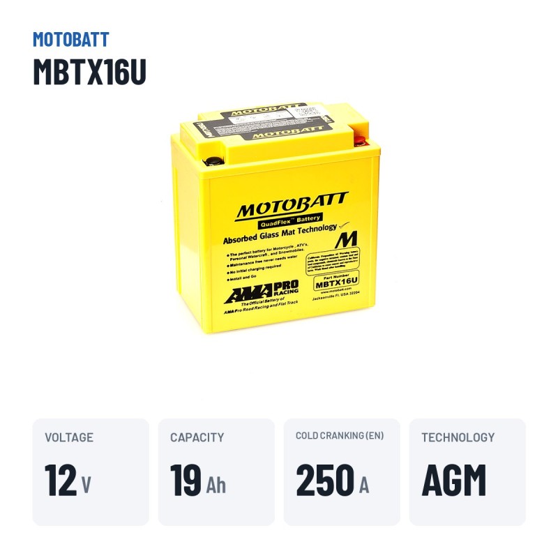 Batería de moto Motobatt MBTX16U 12V 19Ah 250A AGM | baterias.com