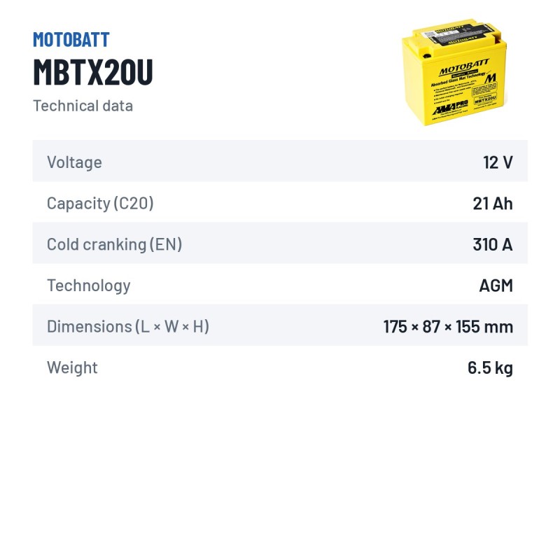 Batterie moto Motobatt MBTX20U 12V 21Ah 310A AGM – fiche technique