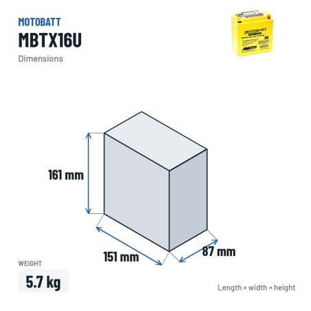 Batterie moto Motobatt MBTX16U 12V 19Ah 250A AGM – dimensions 151 × 87 × 161 mm