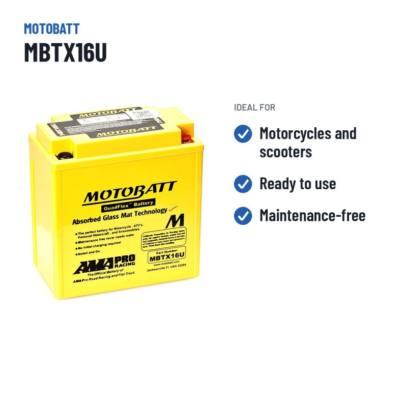 Batterie moto Motobatt MBTX16U 12V 19Ah 250A AGM – utilisations recommandées