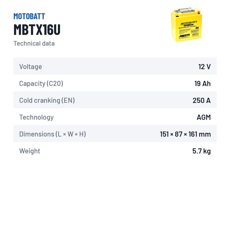 Batería de moto Motobatt MBTX16U 12V 19Ah 250A AGM | baterias.com
