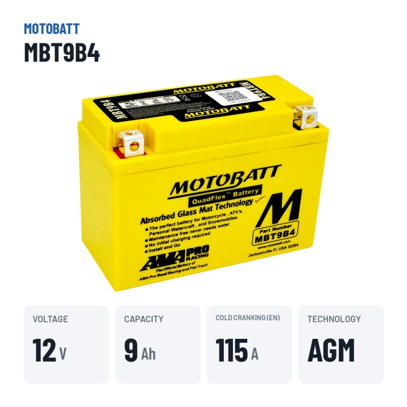 Motorcycle battery Motobatt MBT9B4 (YT9B4) 12V 9Ah 115A AGM