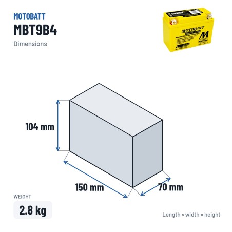 Bateria de mota Motobatt MBT9B4 12V 9Ah 115A AGM – medidas 150 × 70 × 104 mm