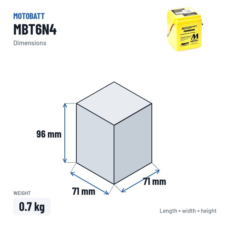 Batteria moto Motobatt MBT6N4 6V 4Ah AGM – dimensioni 71 × 71 × 96 mm