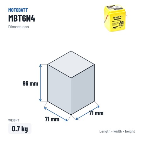 Batteria moto Motobatt MBT6N4 6V 4Ah AGM – dimensioni 71 × 71 × 96 mm