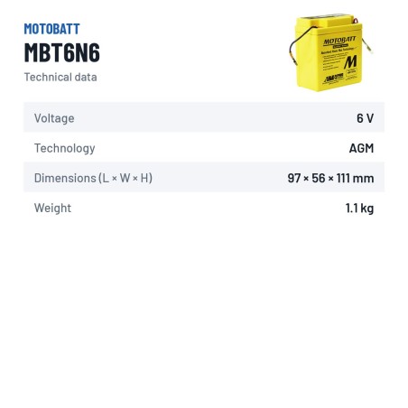 Bateria de mota Motobatt MBT6N6 6V 6Ah AGM – ficha técnica