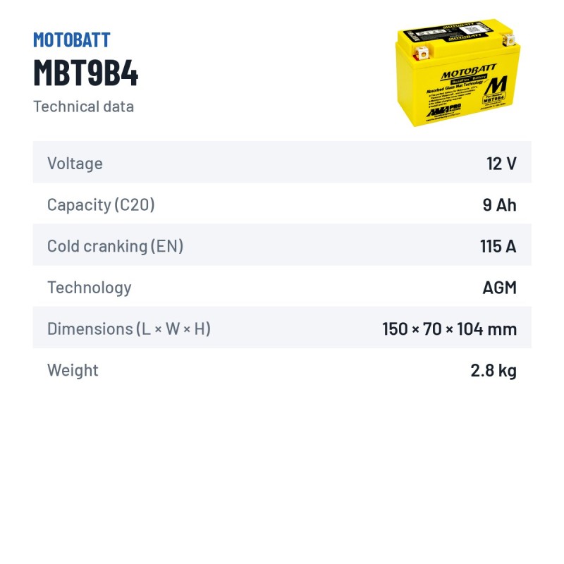 Bateria de mota Motobatt MBT9B4 12V 9Ah 115A AGM – ficha técnica