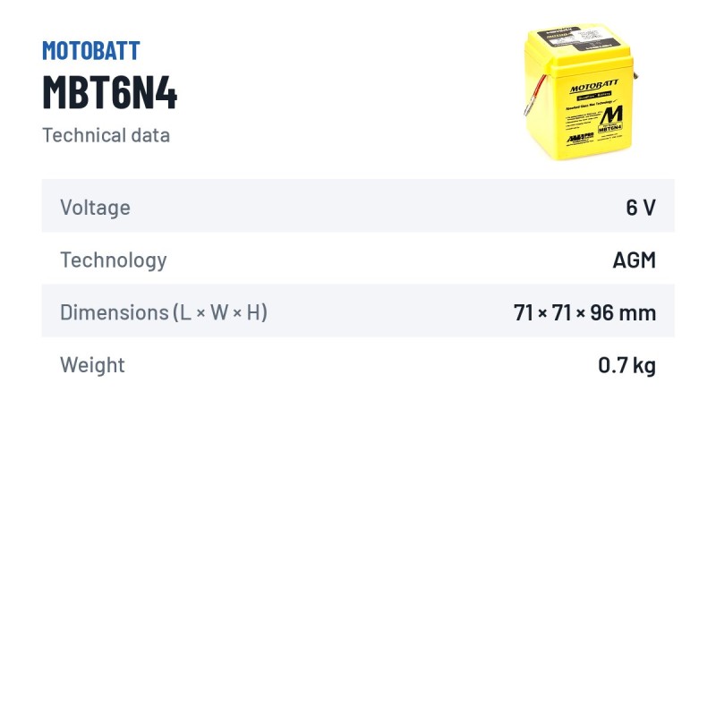Batería de moto Motobatt MBT6N4 6V 4Ah AGM – ficha técnica